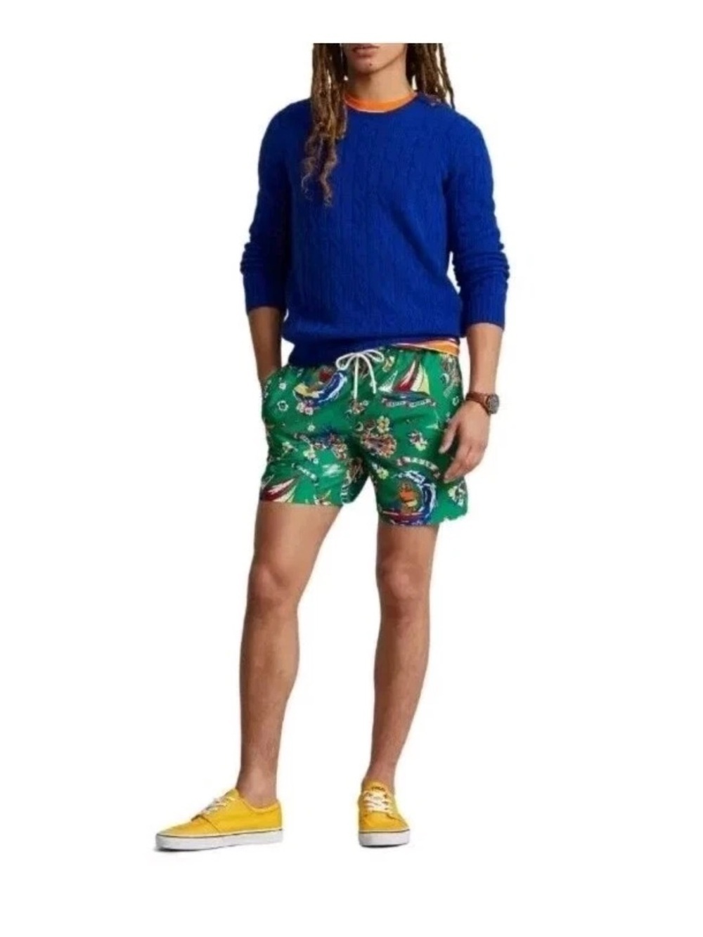 Polo Ralph Lauren Mens  Green Tropical Hawaiian Polo Bear 5.5" Swim Shorts Green